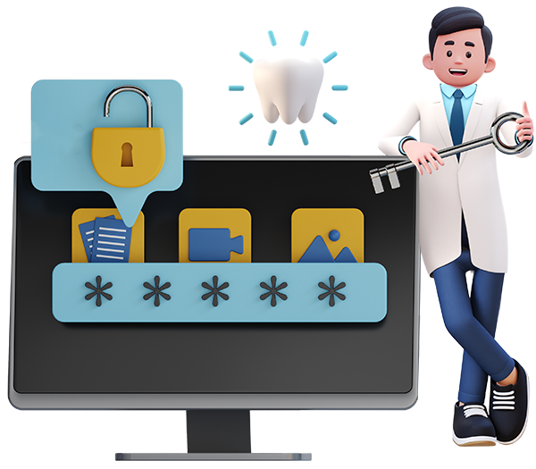 Illustrazione di un dentista con una chiave in mano e di fianco un monitor che rappresenta l'inserimento di una password su schermo