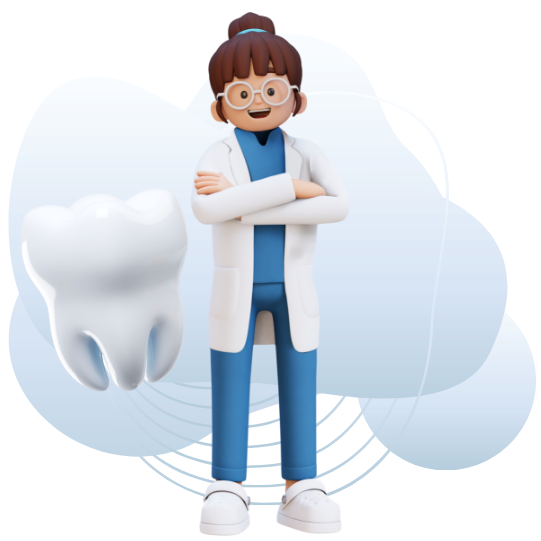 Dentista donna che con un dente a lato