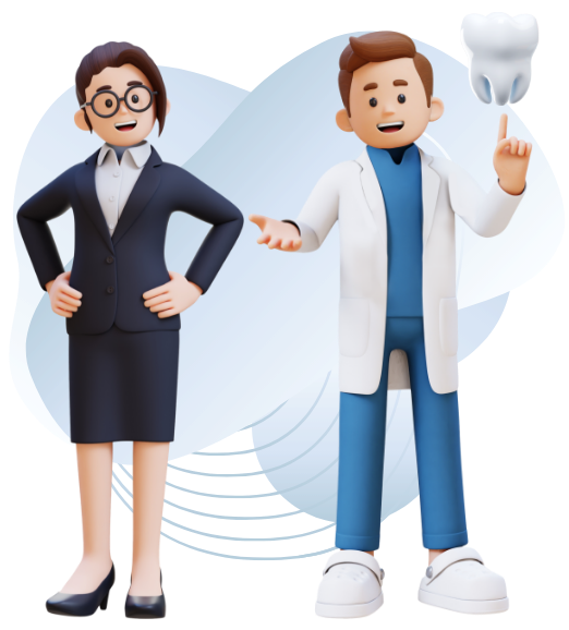 Illustrazione che rappresenta una donna sorridente e un dentista con un dente sospeso su un dito