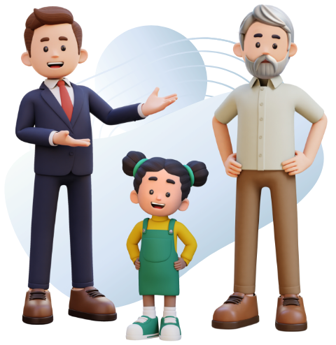 Illustrazione che raffigura una bambina, un anziano e un uomo