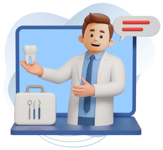 Illustrazione di un dentista che spunta fuori da uno computer con in mano un dente e a fianco una valigetta