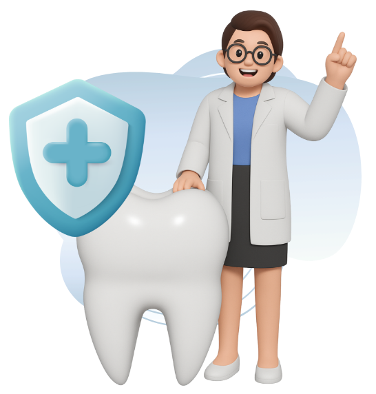 Illustrazione di una dentista con a fianco un dente