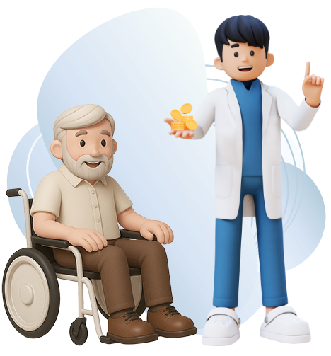 Illustrazione di un dentista con in mano dei soldi e un anziano con bin sedia a rotelle